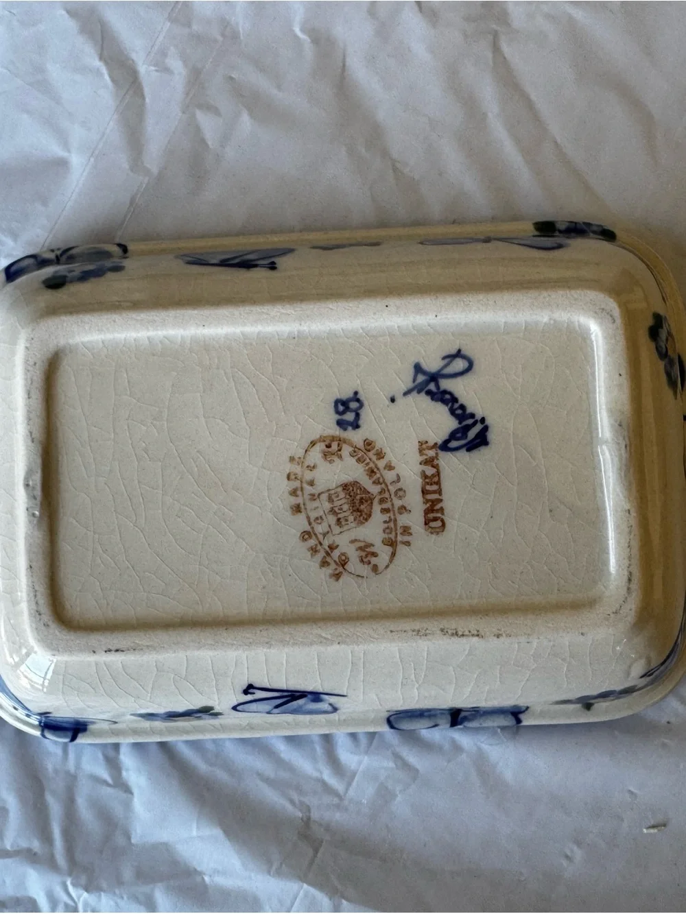 Vintage Polish Pottery Unikat Ceramic Butterfly Baking Dish in Blue